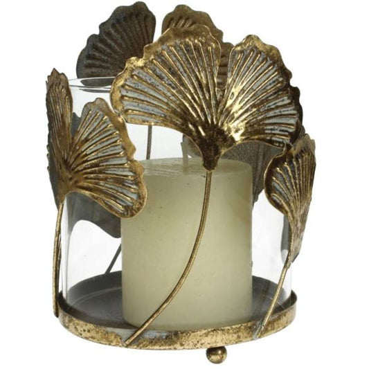 GOLD METAL GINKO CANDLE HOLDER