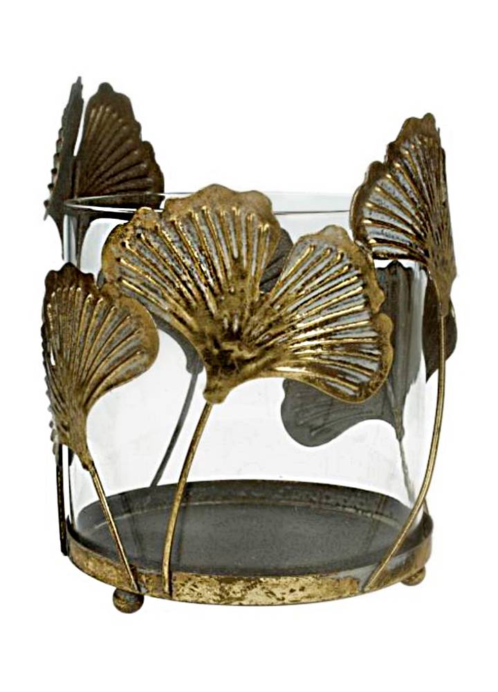 GOLD METAL GINKO CANDLE HOLDER